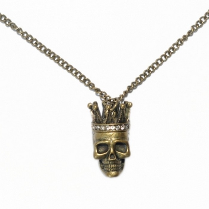 Antique gold tone skull king necklace with diamante crown